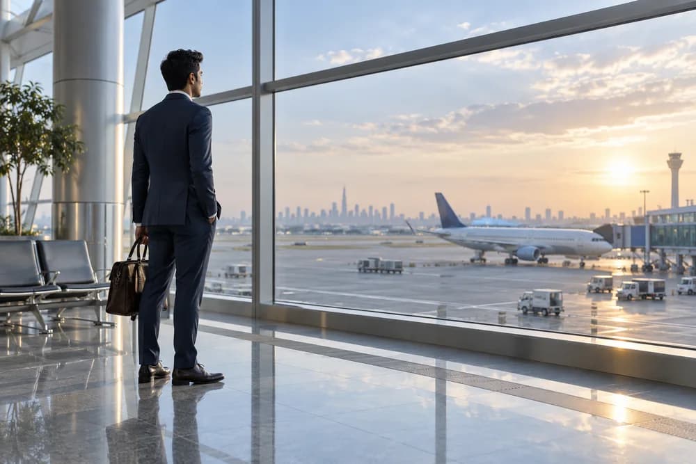A professional looking ahead through the windows of a modern airport